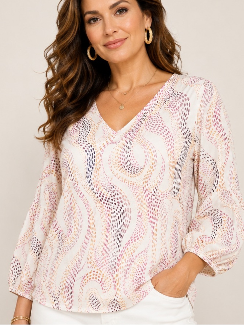 Chico’s Size 3 (XL) Abstract Dot Print V-Neck Balloon Sleeve Top Soft Stretch